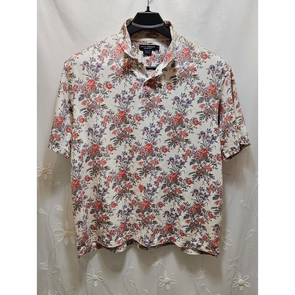 Daniel Cremieux Mens XL Cream Top Polo Floral Botanical Unisex Coquette Bloom